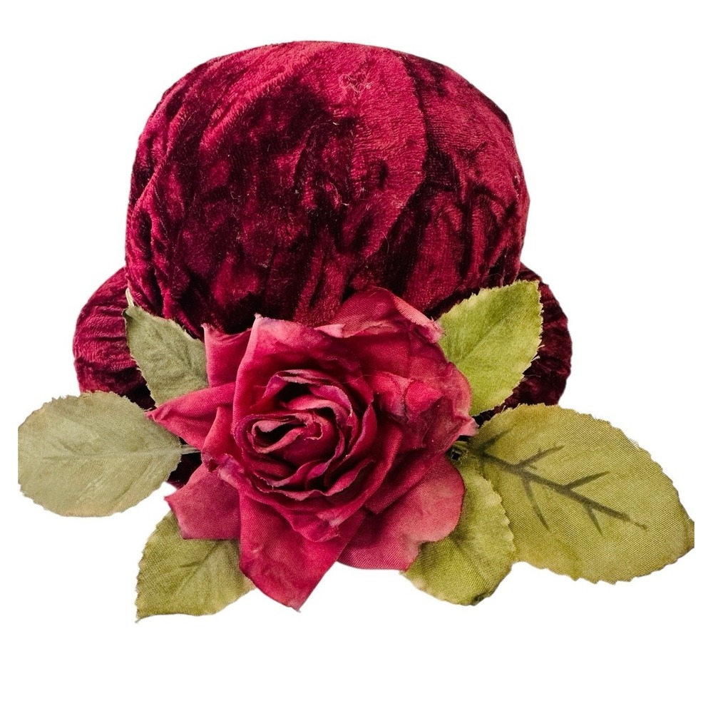 Vintage Burgundy Velvet Small Brimmed Hat Pin Holder Pin Cushion W/Faux Rose